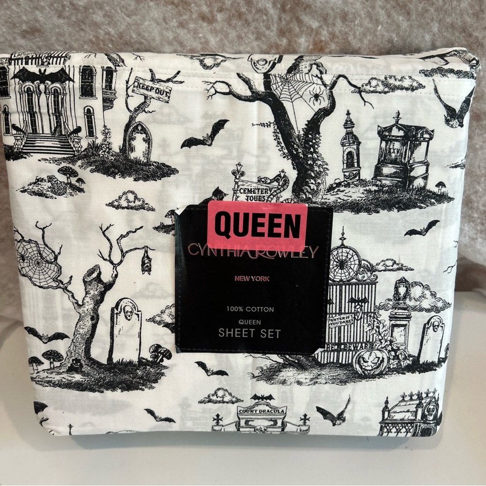 CYNTHIA ROWLEY New Halloween Haunted Toile Black White Queen Sheet Set 4PC